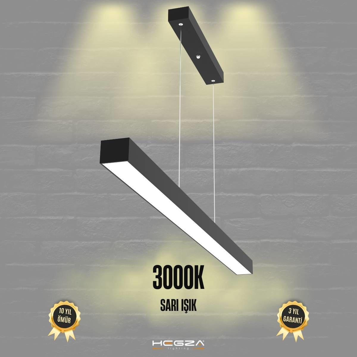 LINEER - Modern LED Avize 120 cm - Siyah Kasa - 3000K - Sarı Işık