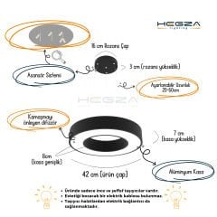 ANELLO - Modern Sarkıt LED Avize Siyah Kasa - 6500K - Beyaz Işık - 40 cm