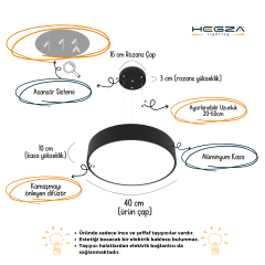 DRUM - Modern LED Avize 40 cm - Gri Kasa - 3000K - Sarı Işık