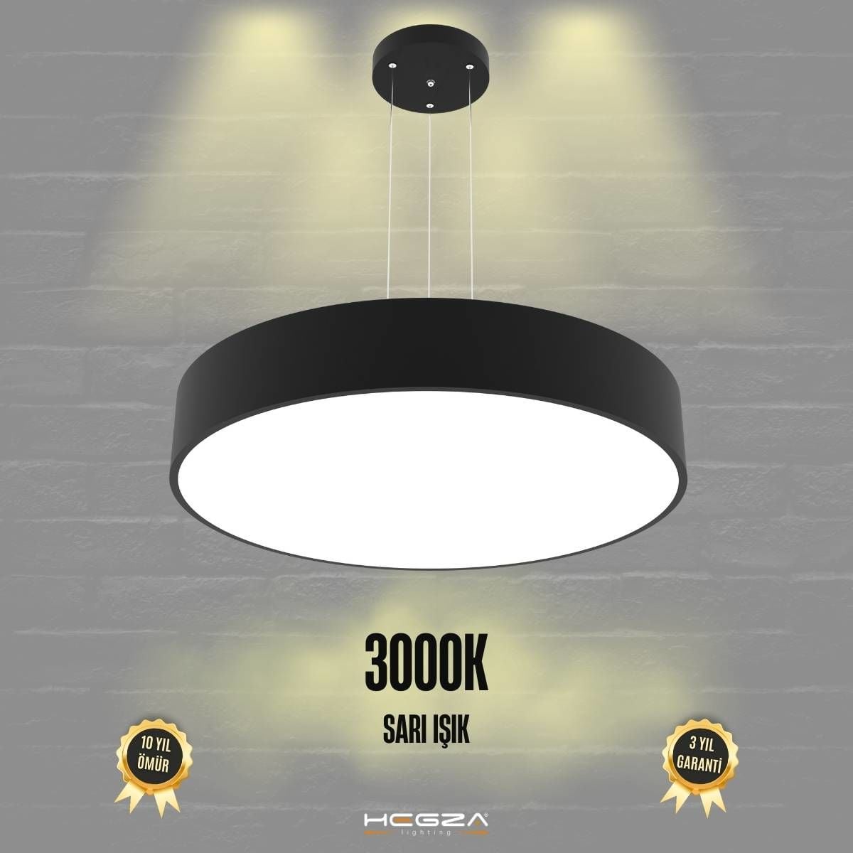 DRUM - Modern LED Avize 60 cm - Siyah Kasa - 3000K - Sarı Işık