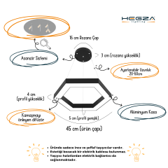 HEXAGON - Modern LED Avize Siyah Kasa - 4000K - Gün Işığı