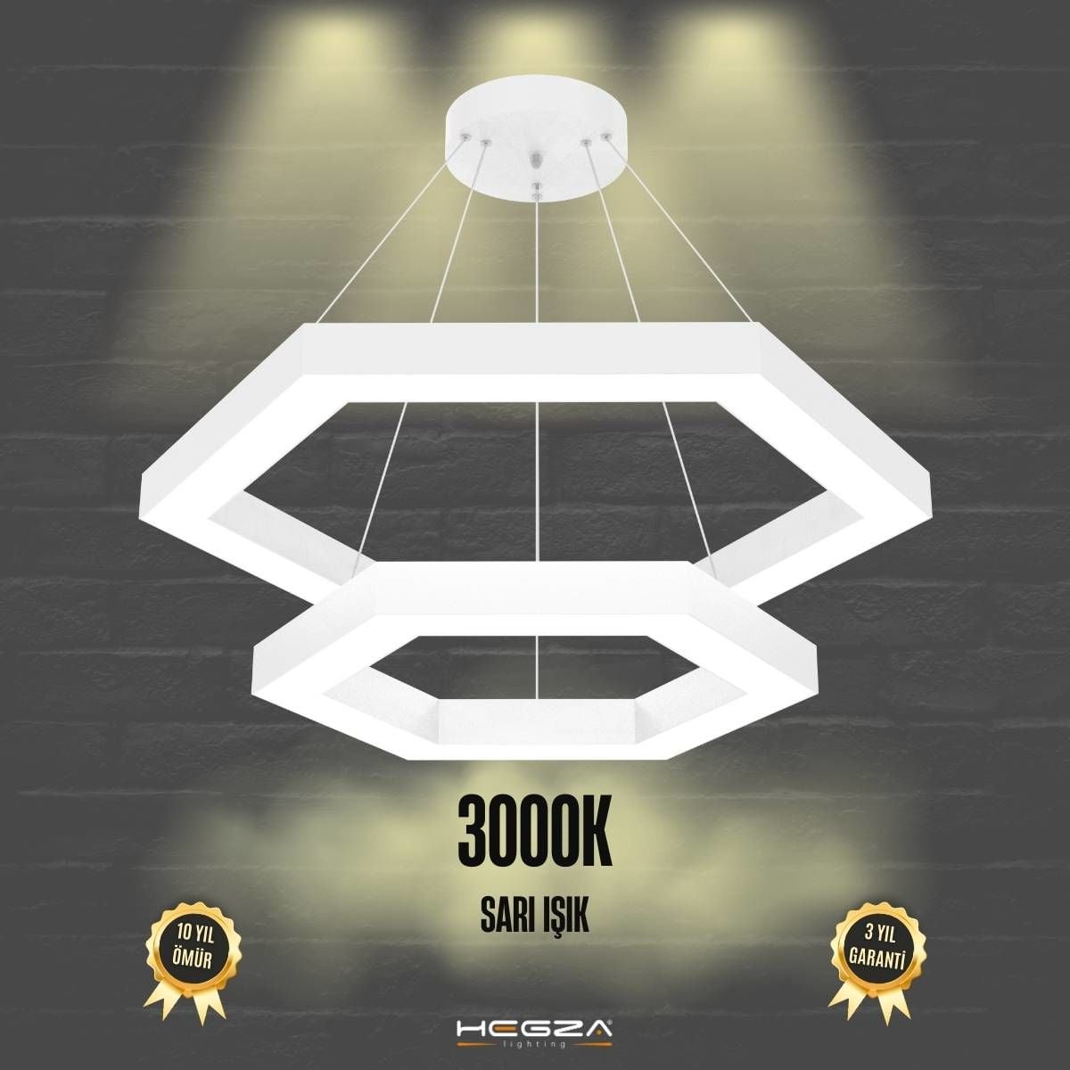 HEXAGON PIRAMIT - Modern LED Avize Beyaz Kasa - 3000K - Sarı Işık