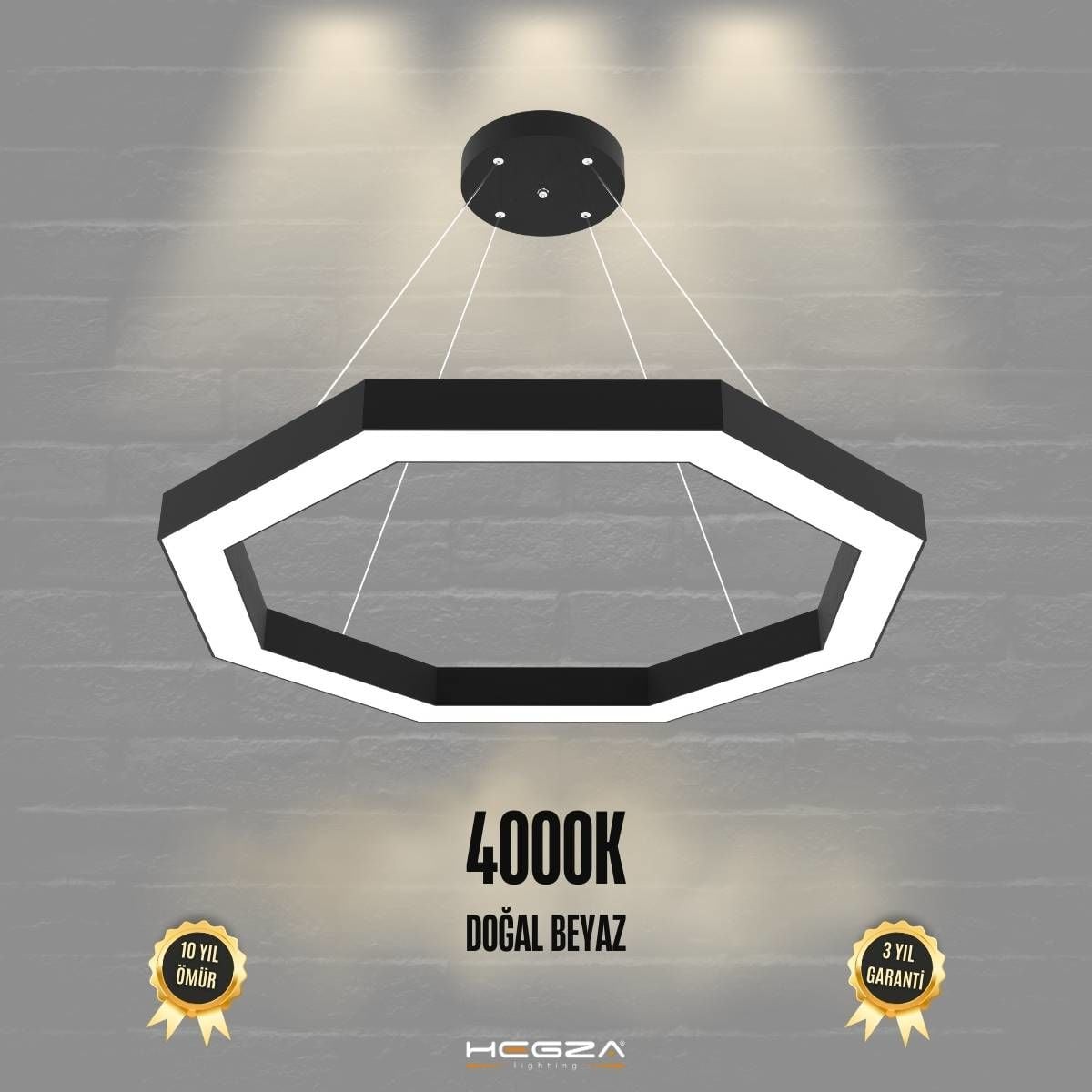 OCTAGON - Modern LED Avize Siyah Kasa - 4000K - Gün Işığı