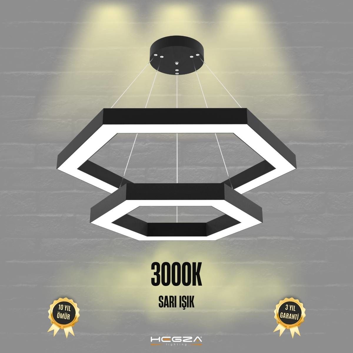 HEXAGON-PİRAMİT-DUO - Modern Endirekt LED Avize Siyah Kasa - 3000K - Sarı Işık