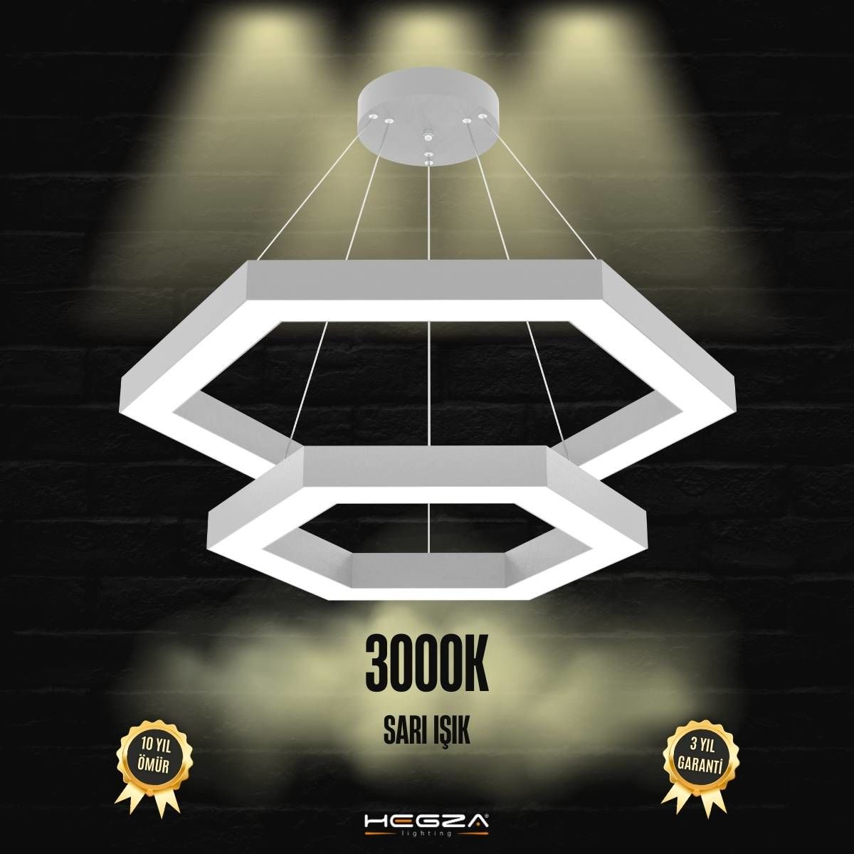 HEXAGON-PİRAMİT-DUO - Modern Endirekt LED Avize Gri Kasa - 3000K - Sarı Işık