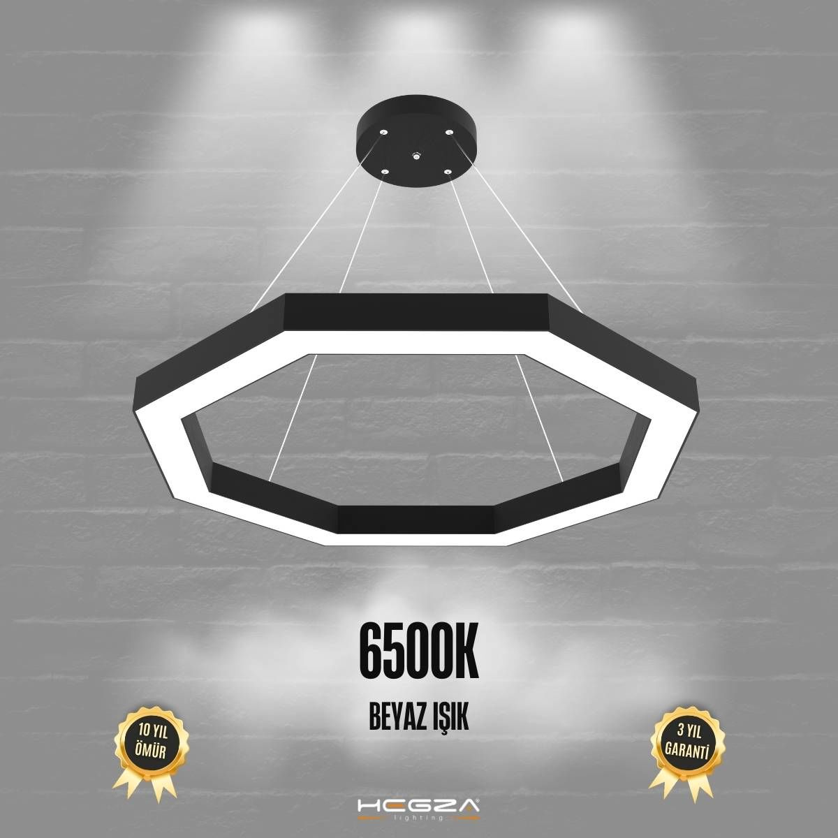 OCTAGON-DUO - Modern Endirekt LED Avize Siyah Kasa - 6500K - Beyaz Işık