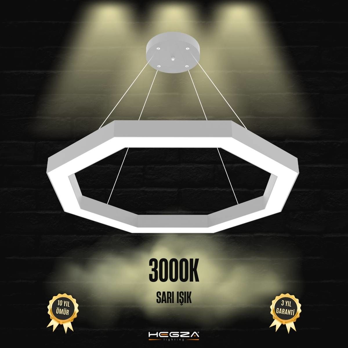 OCTAGON-DUO - Modern Endirekt LED Avize Gri Kasa - 3000K - Sarı Işık