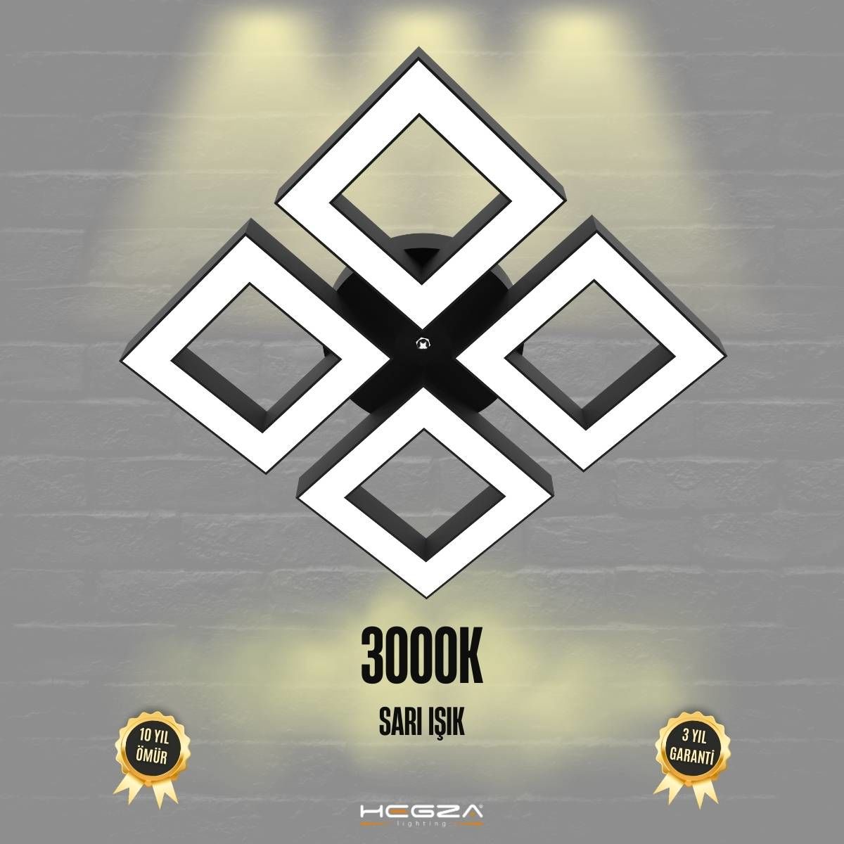 DIAMANTE - Plafonyer LED Avize Siyah Kasa - 3000K - Sarı Işık